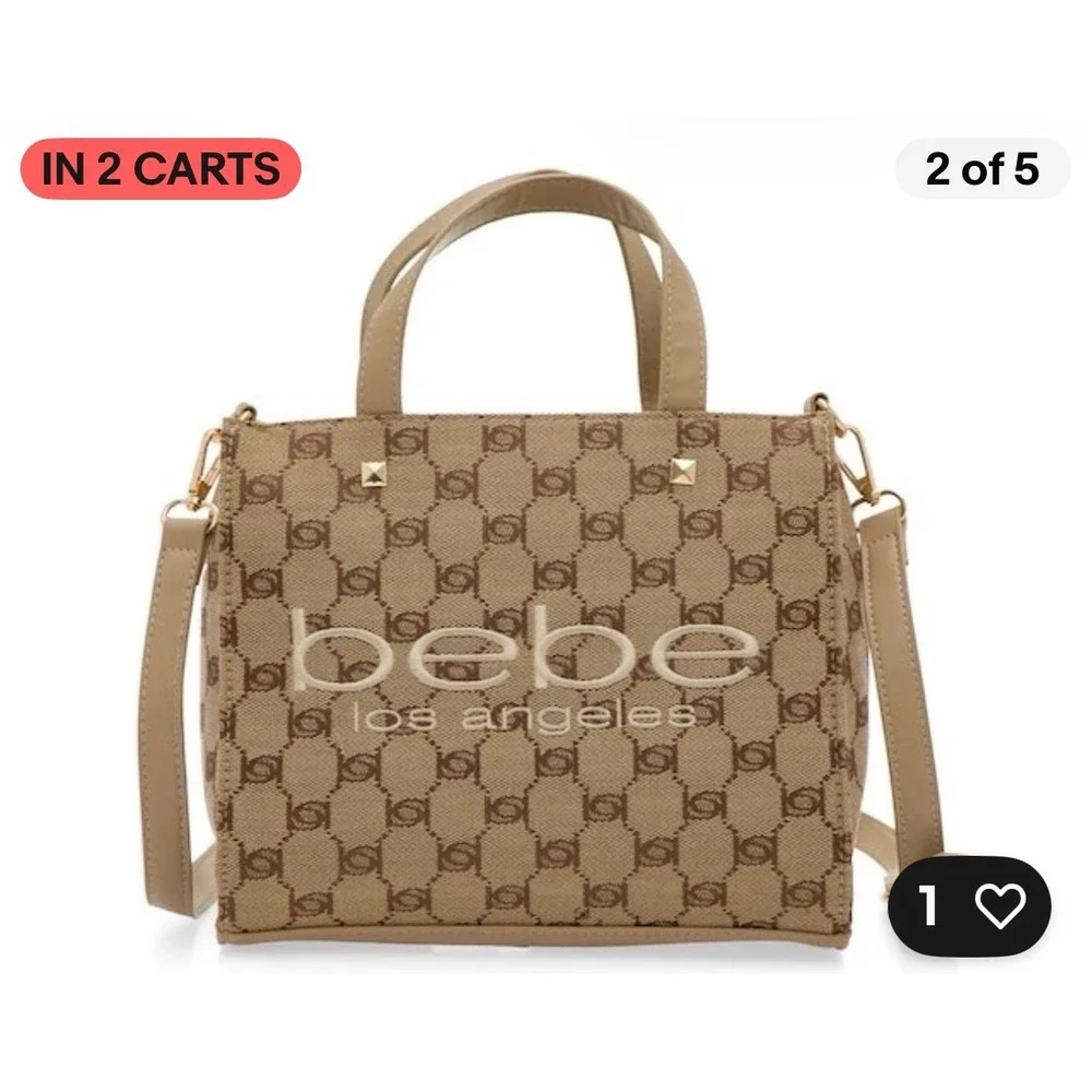 Bebe Los Angeles Monogram Jacquard Tote Bag‎ Tan Brown Crossbody Satchel Studded